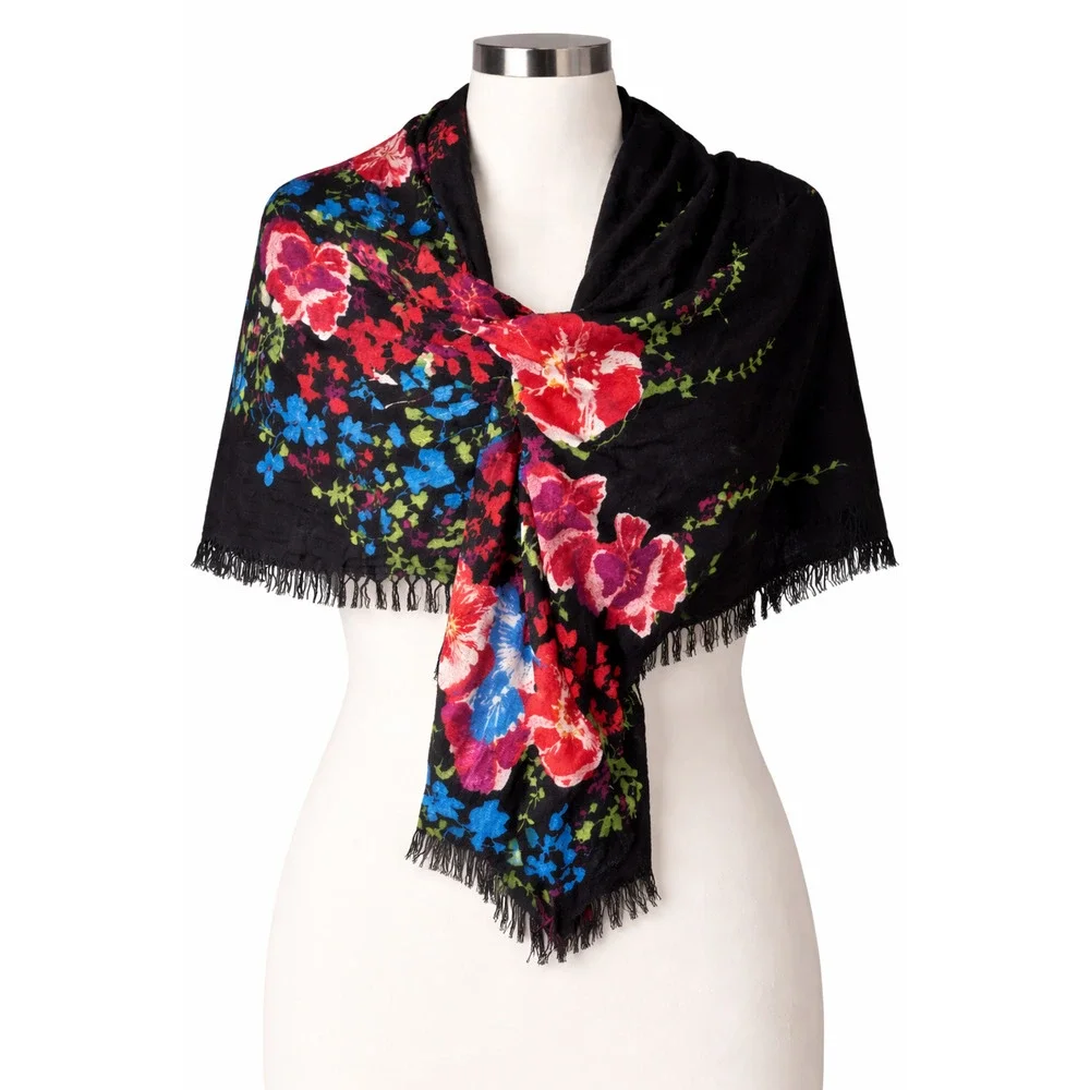APT. 9 Black Floral Bird Scarf Oversized Lightweight Wrap Short Fringe 78x19